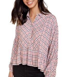 NWT JUN & IVY Pink Oversized "Zanna" Plaid Oversized Button Up Ruffled Top Sz S